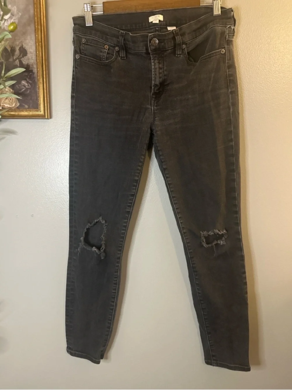 J.Crew Black Distressed Skinny Jeans Women’s 30 Stretch Ripped Knee Denim